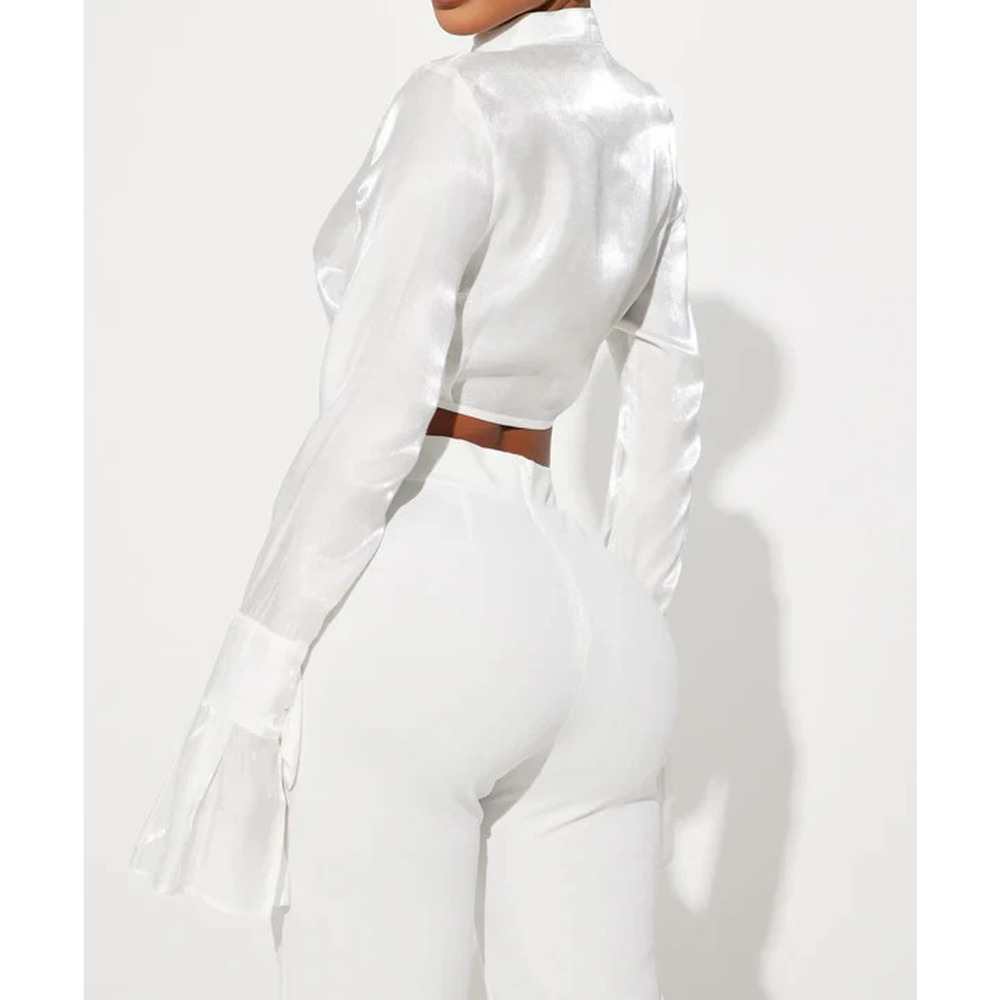 Fashion Nova Kaelie Satin Crop Top Off White Sz Small Long Bell Sleeve New - Picture 4 of 14